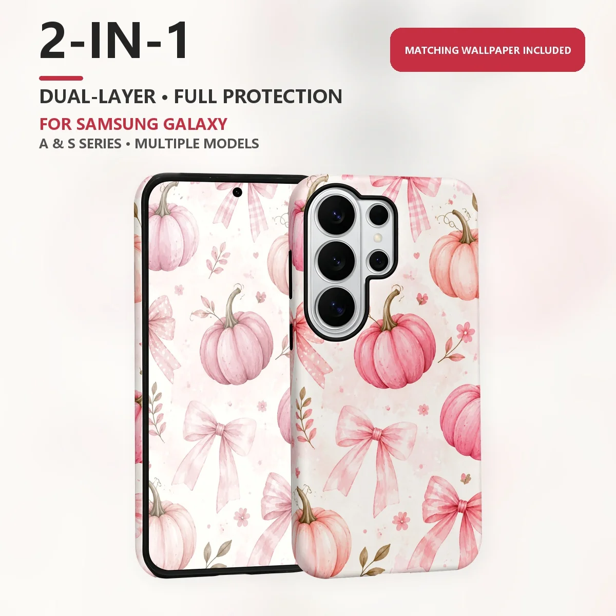 Pink Pumpkin Bow Pattern 2-in-1 Dual-Layer Phone Case for Samsung Galaxy S26 S25 S24 Plus Ultra FE S20 FE A56 A17 A16 A15