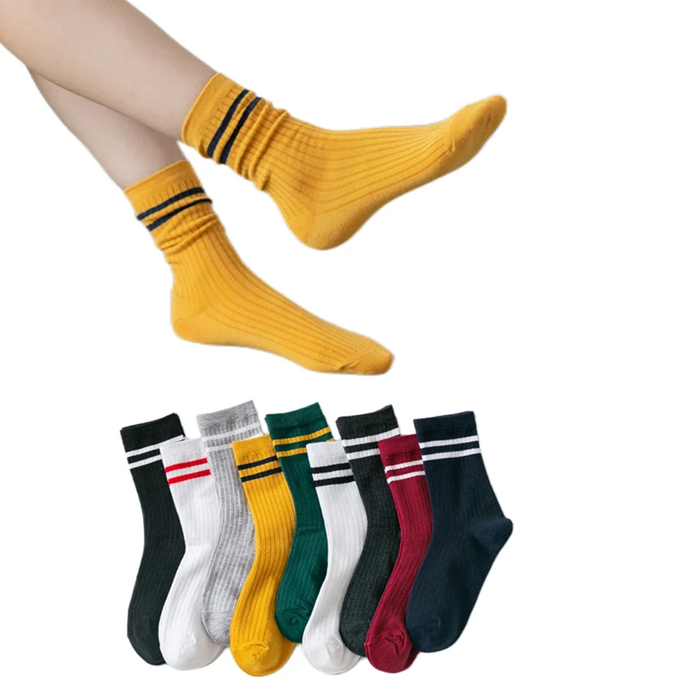 3 Pairs / Lot High School Girls Harajuku Loose Socks Solid Colors Needles Knitting Striped Unisex Cotton Sokken