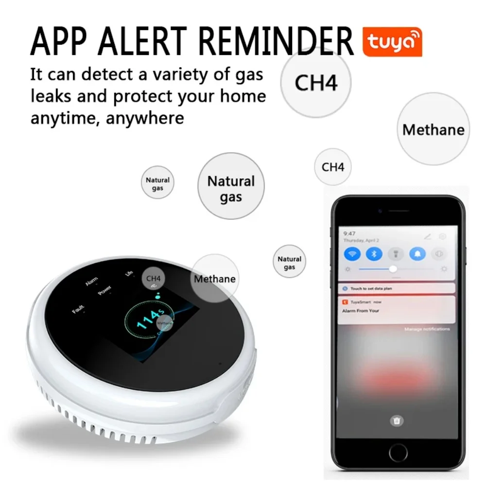 WiFi Tuya App Function Kitchen Natural Gas Leak Alarm Sensor Temperature LCD Digital Display Sound Siren Combustible Detector