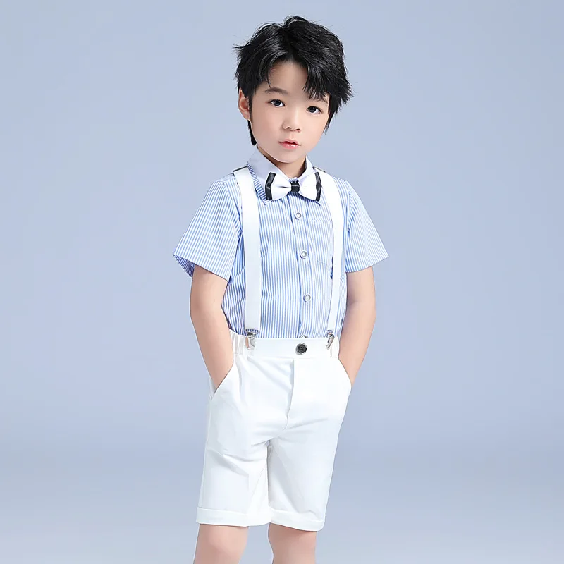 

Spring Summer Children Striped Shirt Short-sleeved Strap Suit Set Boys Stage Catwalk Photography Dress Kids Shirt Shorts Outfit