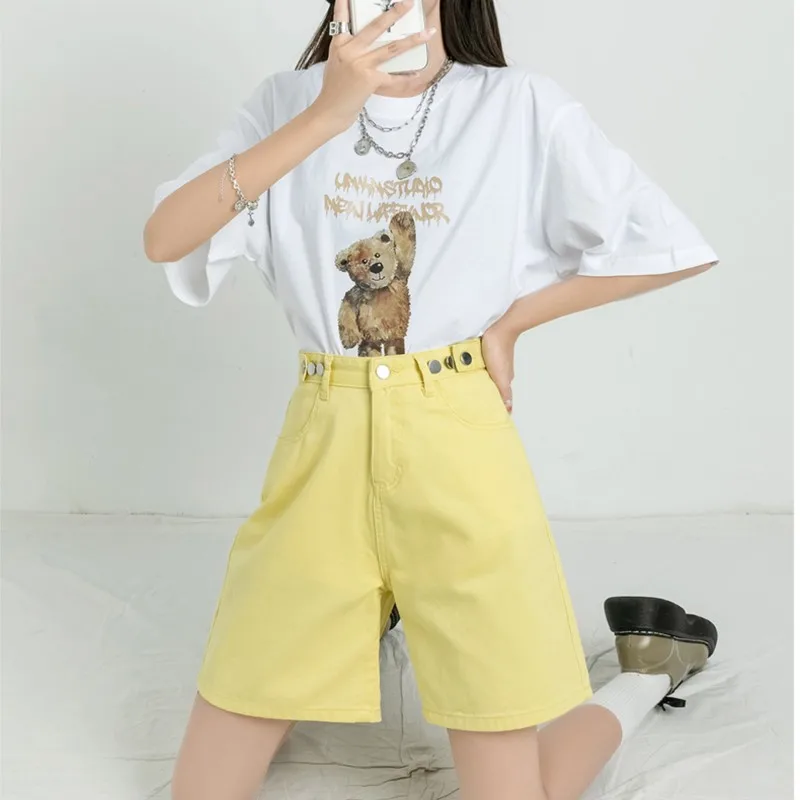 New Belted Shorts Jeans Women Baggy Fashion Straight Vintage Streetwear Denim Button Design Summer Loose Femme Denim Short Pants