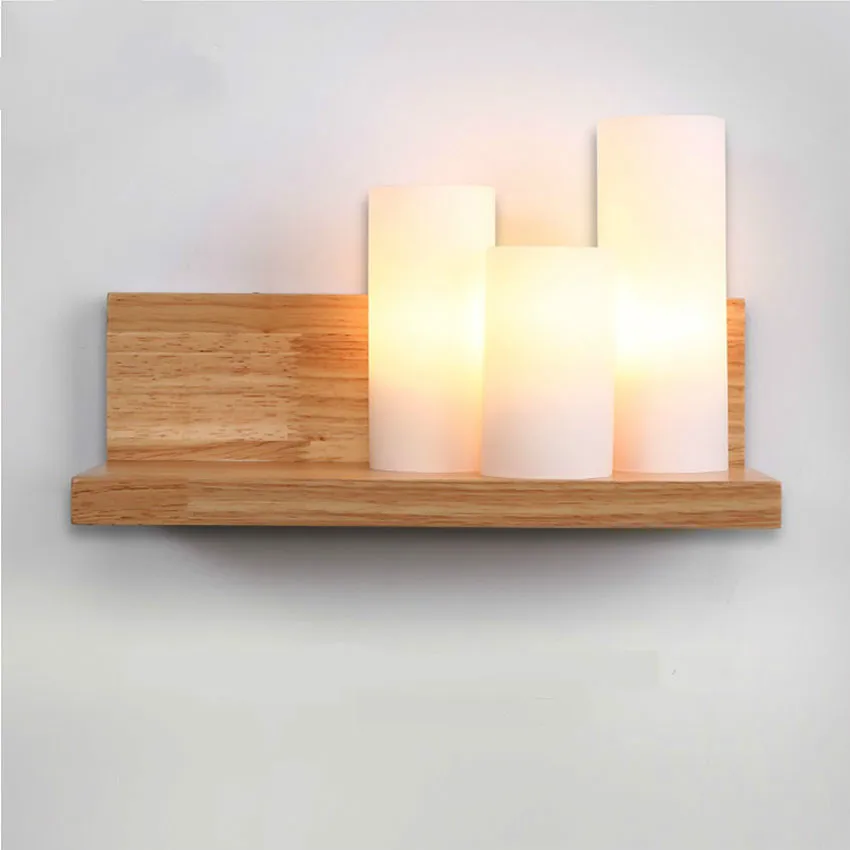 

Modern Simple Solid Wood Sconces LED Wall Light,3*E27 candle shape frosted glass Japanese wall lamp for Bedroom lighting fixture