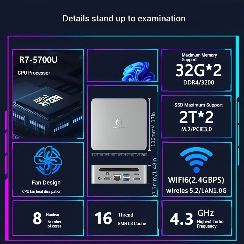 GenMachine 2024 nouveau Mini PC Ren5000 5700U AMD Ryzen7 5700U CPU prise en charge Windows 10/11 DDR4 3200MHz AMD WiFi6 NUC Max 64GB RAM