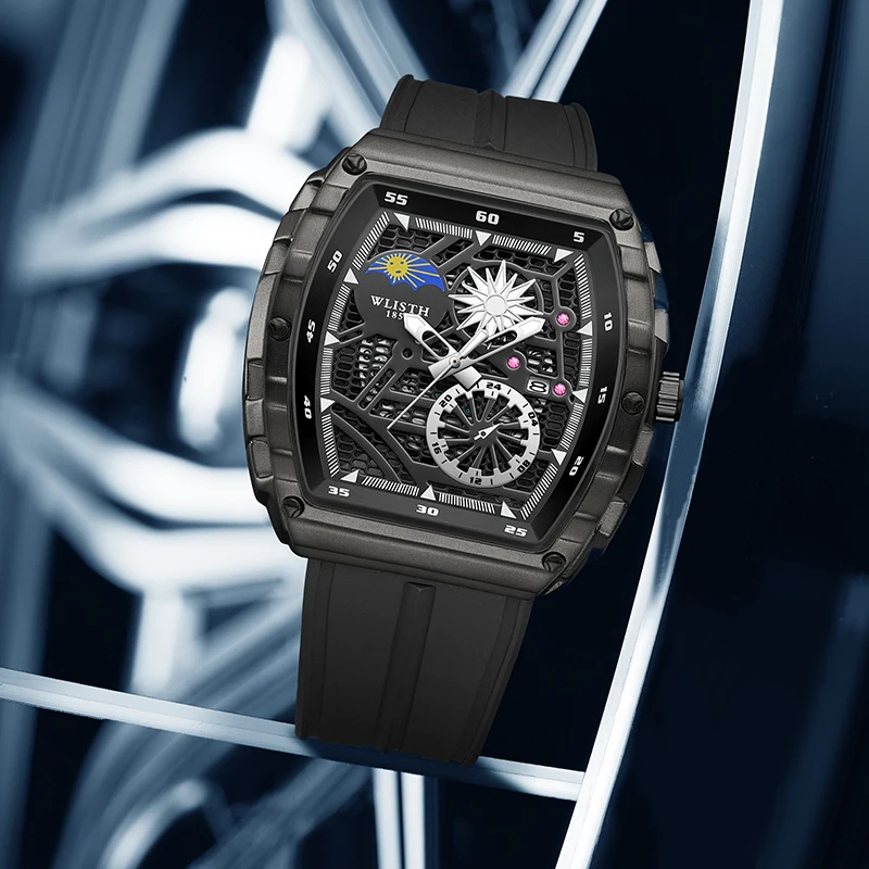 New Brand Men's Watch Fashion Automatic Movement Barrel Luminous Waterproof Clock Sports Male's Silicone Strap Quartz Wristwatch