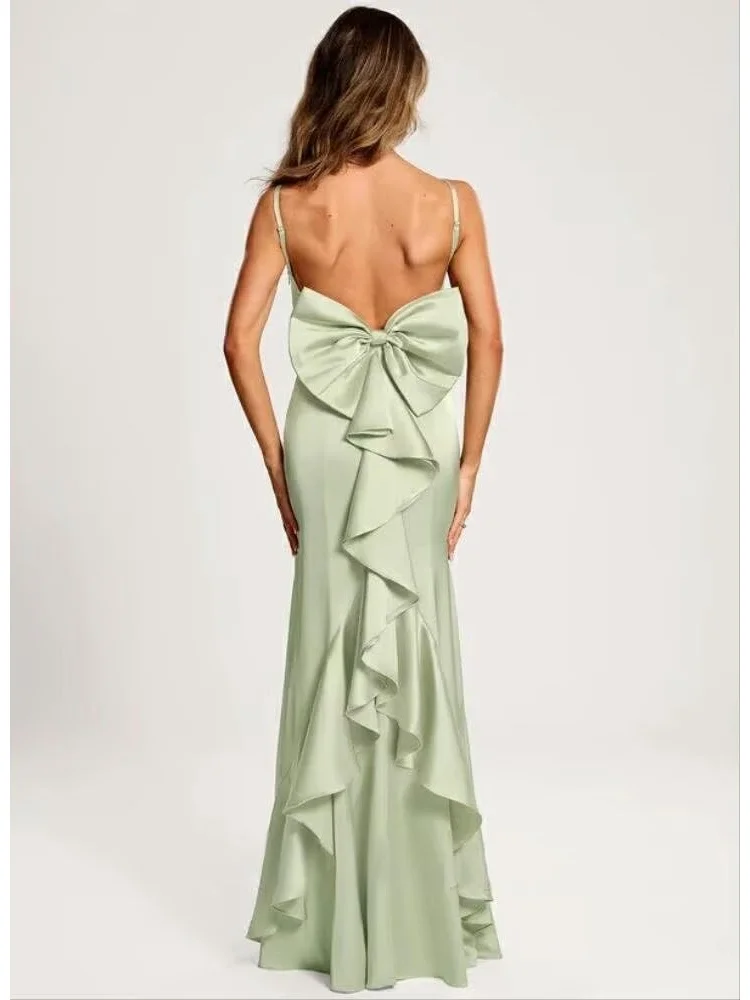 

Womens Floor Length Spaghetti Straps Prom DressesMermaid Satin Formal Gowns with Bow