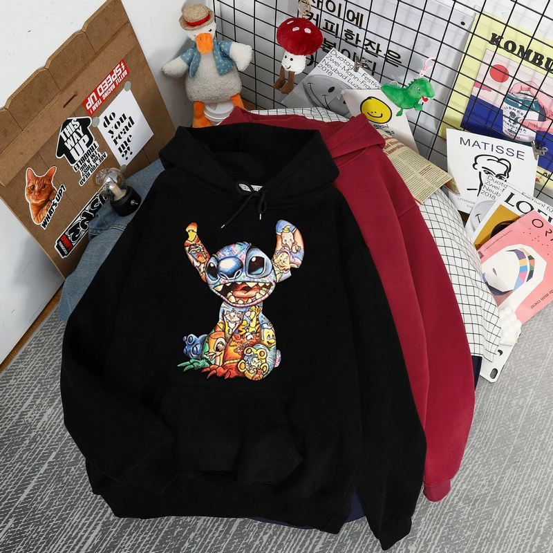 New Disney Funny Stitch Hoodies Women Harajuku Pullovers Cute Kawaii Casual Tops Angel Print Hooded Sweatshirt Long Sleeves