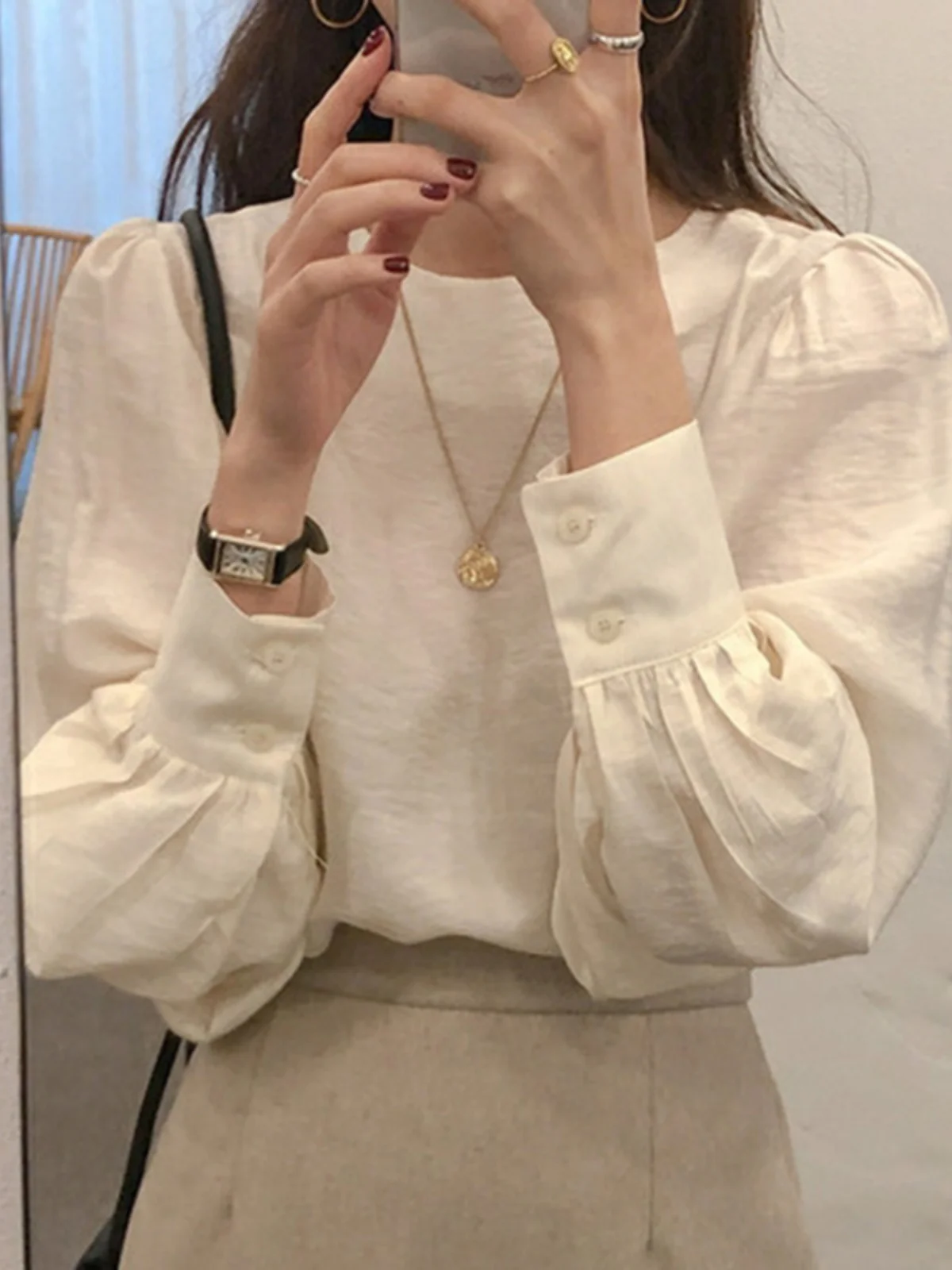 เสื้อทรงหลวมสไตล์เกาหลี Sle Round Ne Bubble Sve Sweet Anti-Aging สำหรับผู้หญิง สีพื้น เรียบง่าย เหมาะสำหรับใส่ไปทำงาน