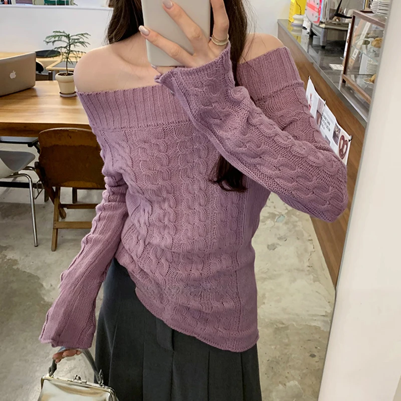 

Off Shoulder Sweater Women Pullovers Long Sleeve Cable Knit Off-the-Shoulder Jumper Teen-girl Autumn Winter Y2K 90s Outfit