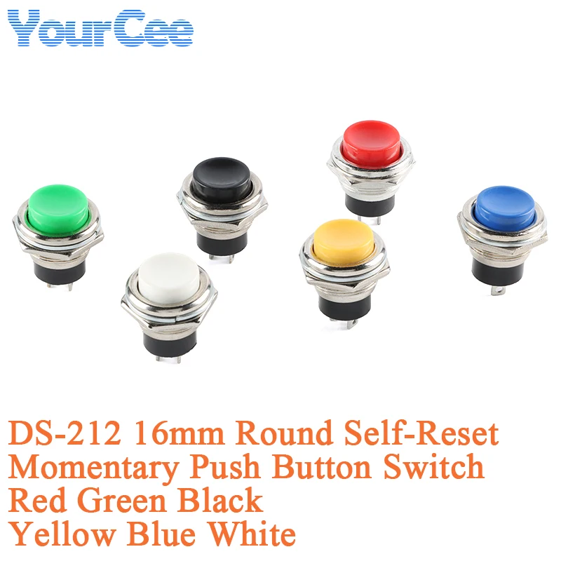 5PCS/2PCS DS-212 16MM Power Switch Round Small Self-Reset Momentary Push Button Start Compound Button Power Switch Red Switch
