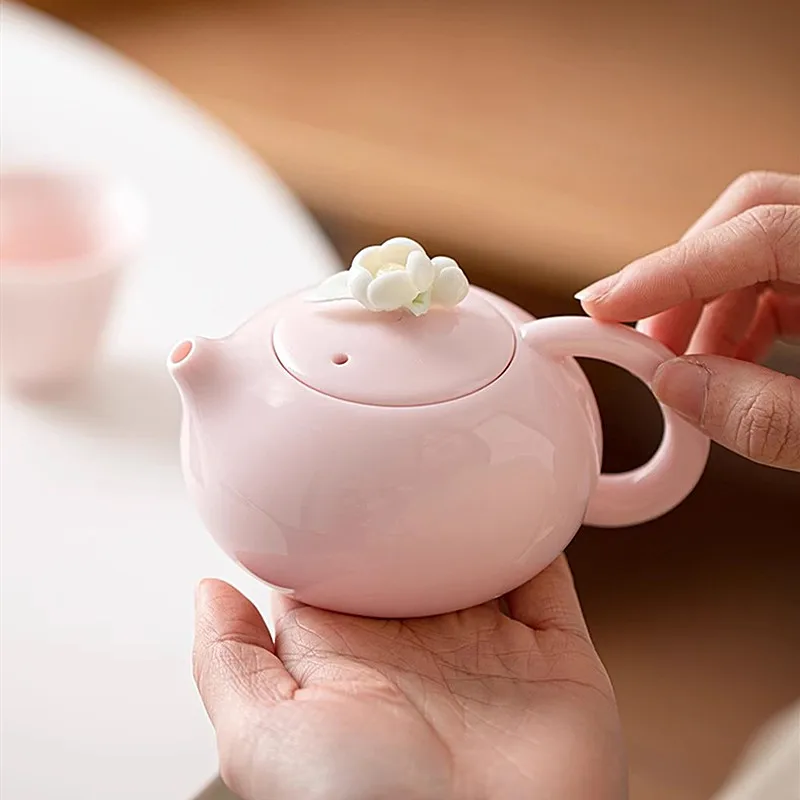 Handcrafted Pink Flower Tea Set High Appearance Lovely Ceramic Teapot and Cup Set Customized Ball Hole Filter Tea Infuser