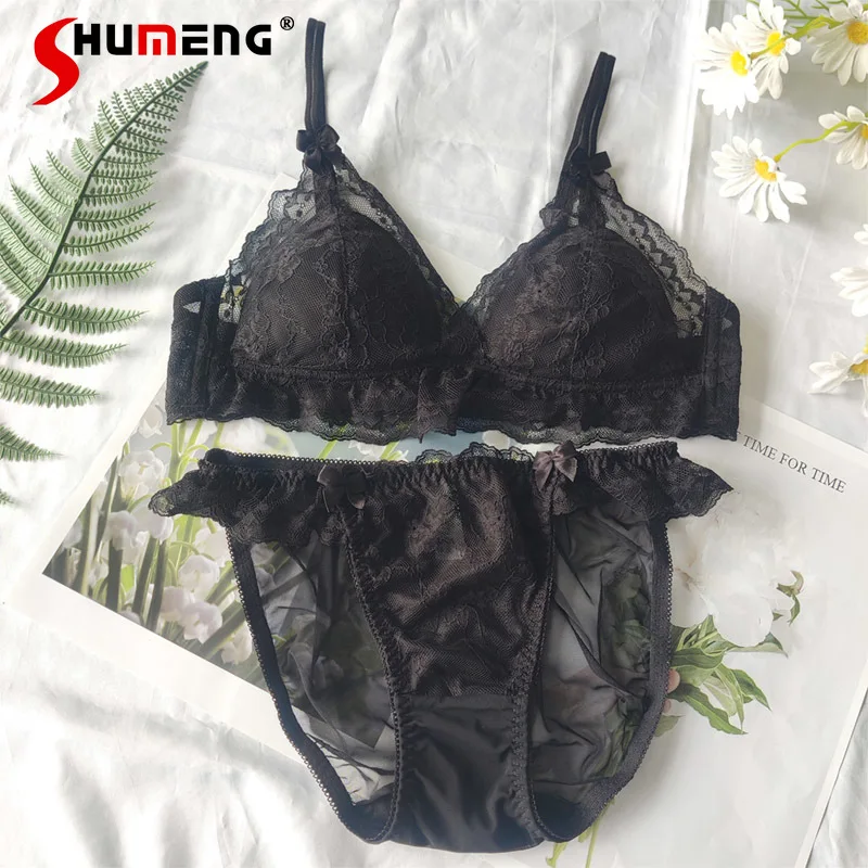 

Lace Thin Bra Set Without Underwire Female Low Heart Rabbit Ear Cup Solid Color Brief Suits Women Japanese Style Intimates