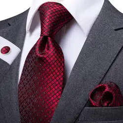 Hi-Tie – cravate de mariage à carreaux pour hommes, cravate de styliste, rouge bordeaux, boutons de manchette, cadeau pour hommes, mode fête d'affaires, livraison directe