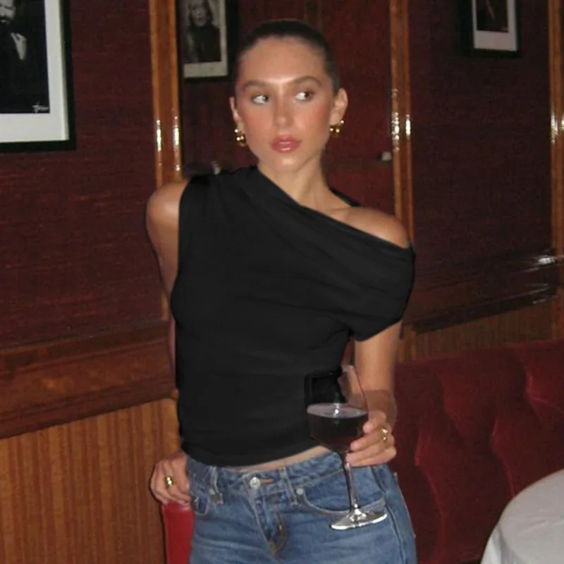 Cryptographic Elegant Fashion Ruched Asymmetrical Tops Casual Outfits Solid Sexy Cropped Tops Basic T-shirt Tee Summer Clothes