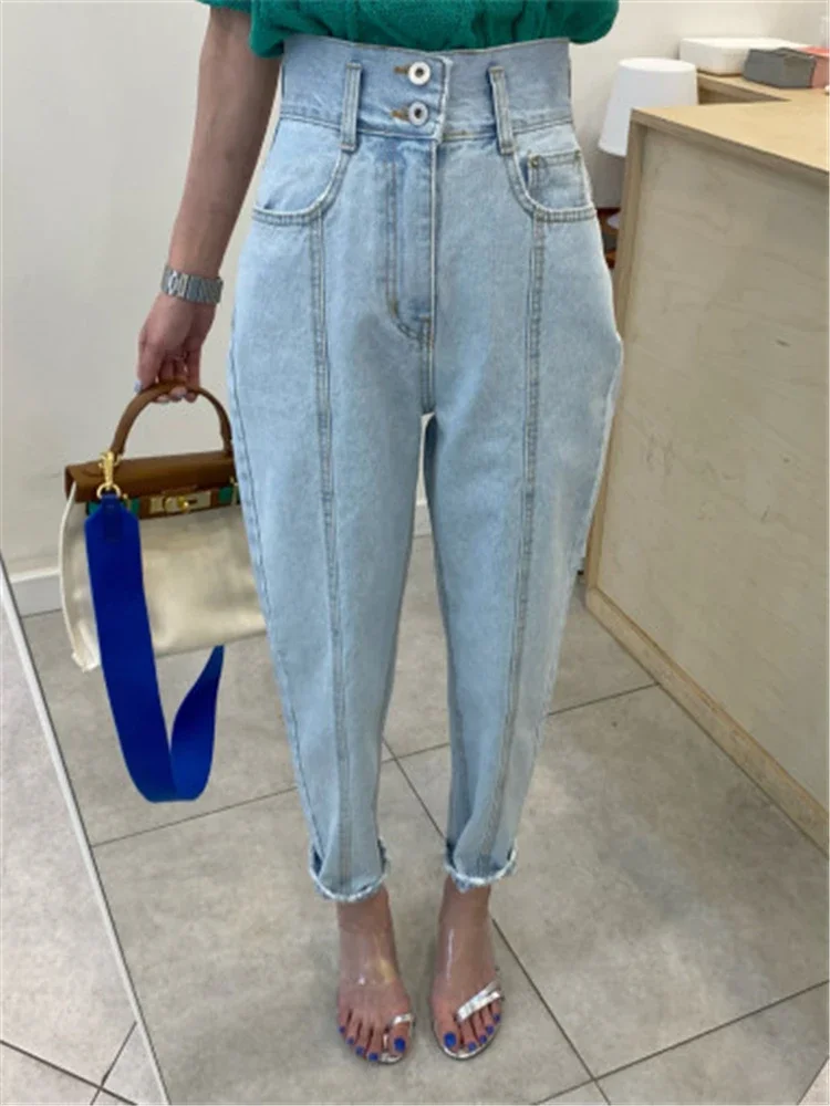 REALEFT tasche anteriori pantaloni Casual in Denim da donna 2024 nuovi pantaloni Jeans da donna dritti a vita alta Vintage tinta unita femminili