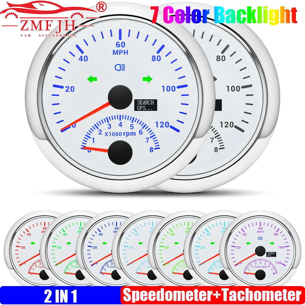 

ZMFJH 2 в 1, многофункциональный датчик 85 мм, 7 цветов, светодиодный GPS-спидометр + тахометр, 8000 об/мин, луч, левый и правый, антенна поворотника
