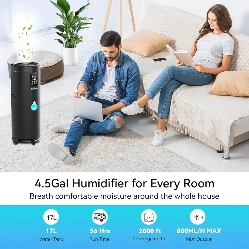 Humidifiers for Large Room Home Bedroom 2000 sq.ft. 17L/4.5Gal Large Humidifier with Extension Tube & 4 Speed Mist,Top