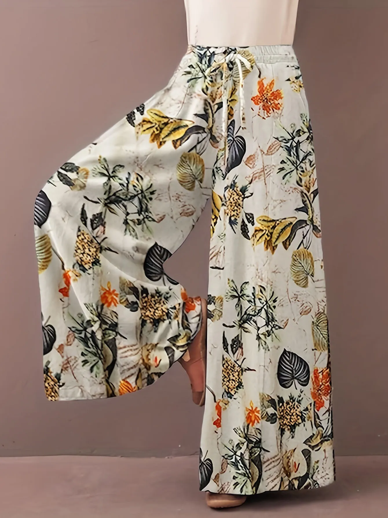 Plus Size Plant Print Spodnie z szerokimi nogawkami Casual Fake Drawstring Elastic Waist Pants Na Wiosnę i Jesień Odzież Damska Plus Size