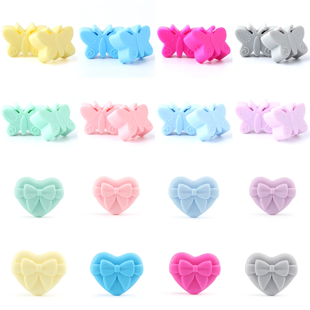 10pcs Silicone Beads Heart Bow Butterfly Cartoon Baby Teething Beads Teether DIY Chain Pendant Bracelet Necklaces Accessories