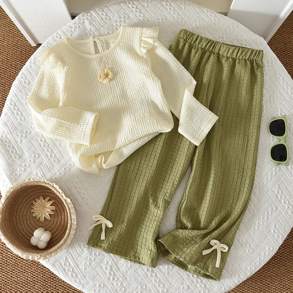 Autumn Girls Fashion Simple Outfit Long Sleeve Cute Floral Decorated Top +  Pants 2 Pcs Set Kids Casual Solid Color Clothing