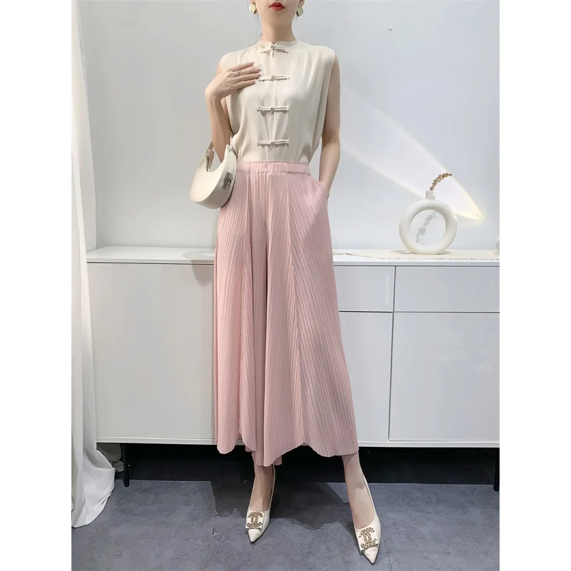 2024 Spring and Summer New Pleated Pants Women Loose plus Size Wide Legs Bell-Bottom Pants Irregular Comfort and Casual Foreign