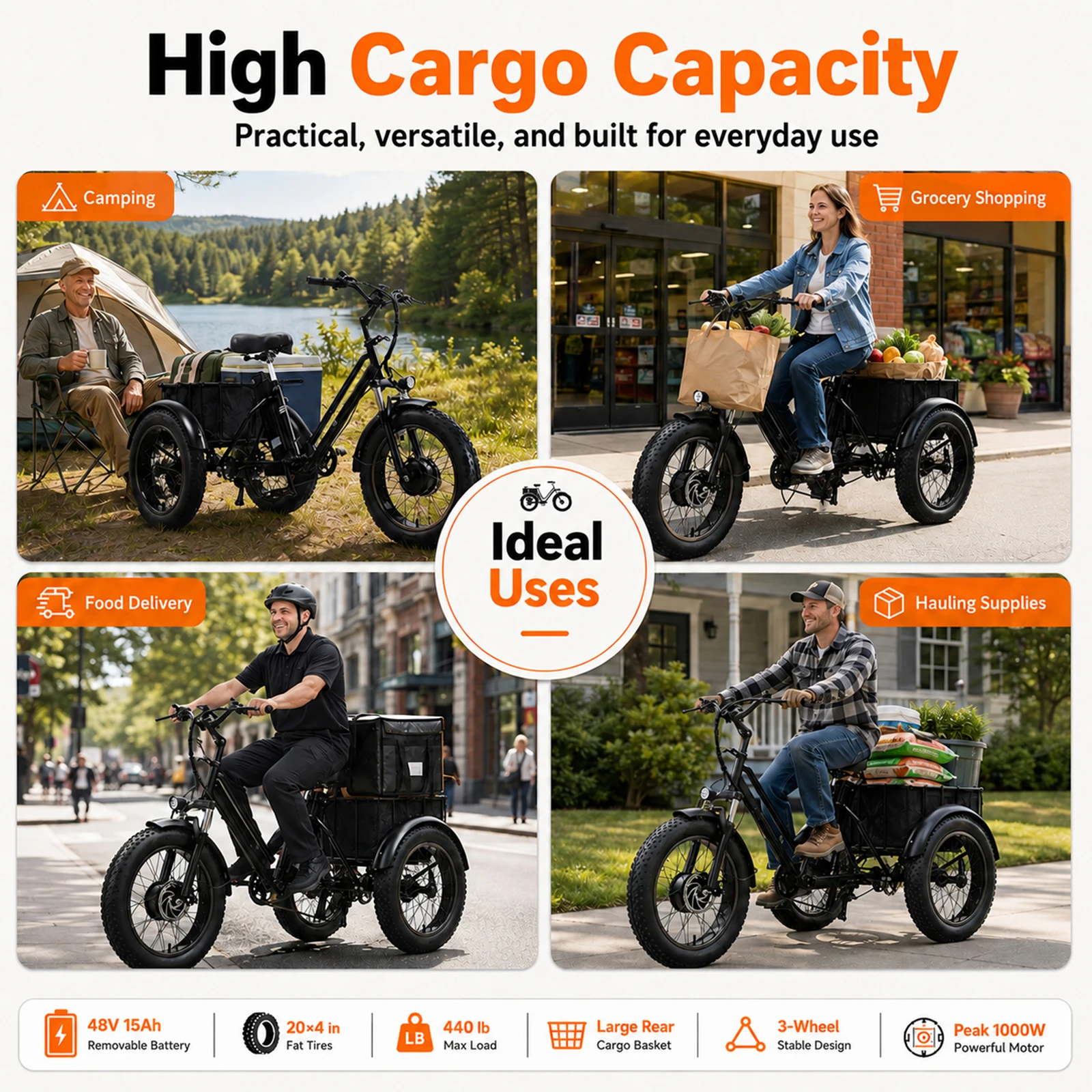 Foldable Electric Tricycle for Seniors Commuters, 1000W Peak Motor 48V 15AH Battery, 40-Mile Long Range, 20