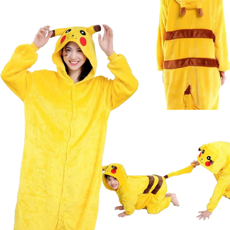 Pokemon Anime Pikachu Plush Flannel Pajamas Women One-piece Suit Long-sleeved Winter Soft Warm Men Home Clothes Casual Kawai