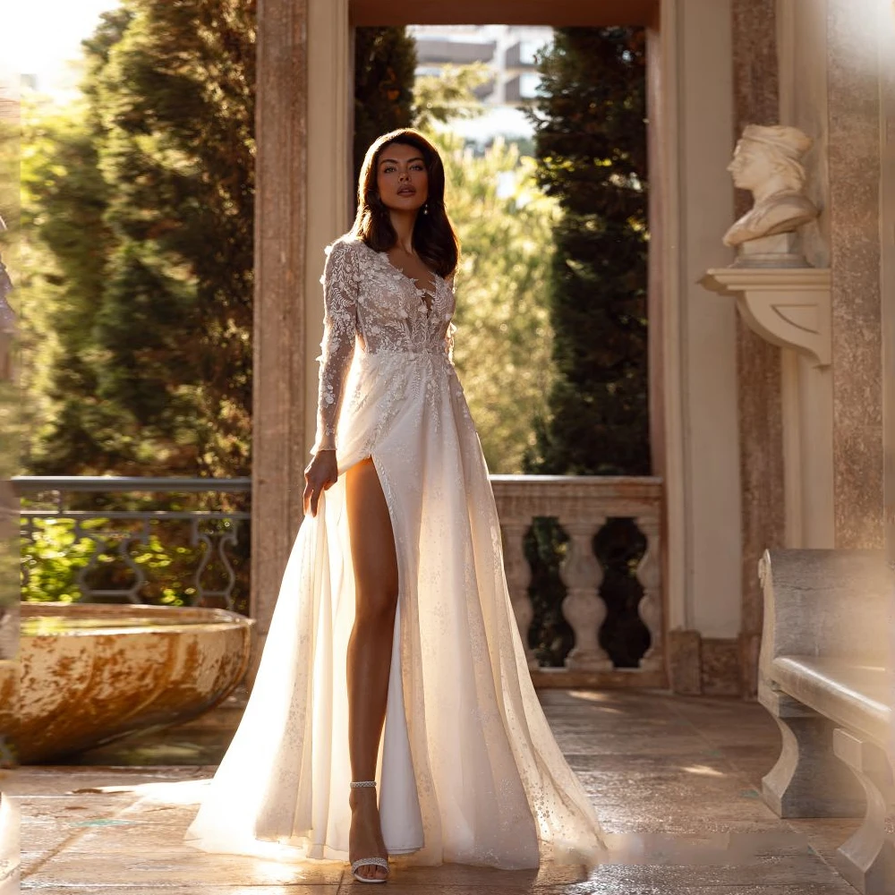 

Sparkling Wedding Dresses A-Line O-Neck Long Sleeves Flowers Appliques Bride Prom Gown 2025 Side Split Bridal Gowns Customized