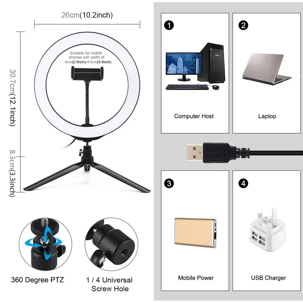 PULUZ 10.2 Inch Selfie Led Ring Light with Desktop Tripod Makeup Photographic Lighting Ringlight Phone Ring Lights for Tik Tok