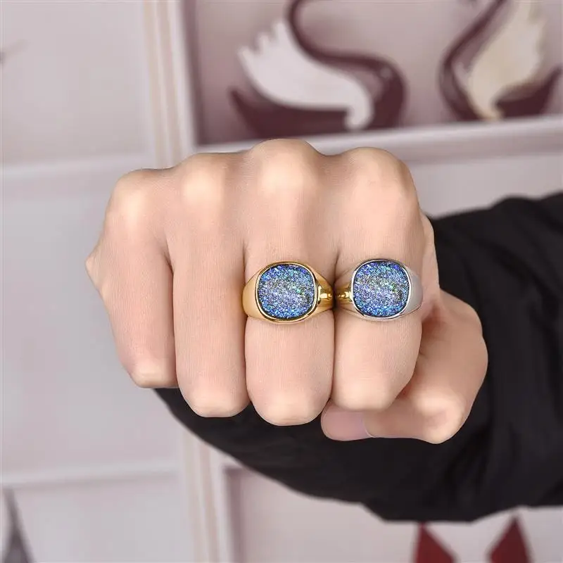 Stylish Oval Drip Glue Rings For Men 316L Stainless Steel Finger Ring For Men Hip Hop Party Jewelry Wholesale Male Wedding Gift