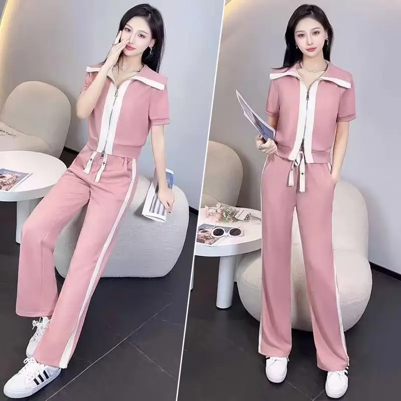 

2026 New Summer Thin Casual Sports Suit Set Women's Fashionable Short Sleeve Open Cardigan Wide Leg Pants Two Piece Set