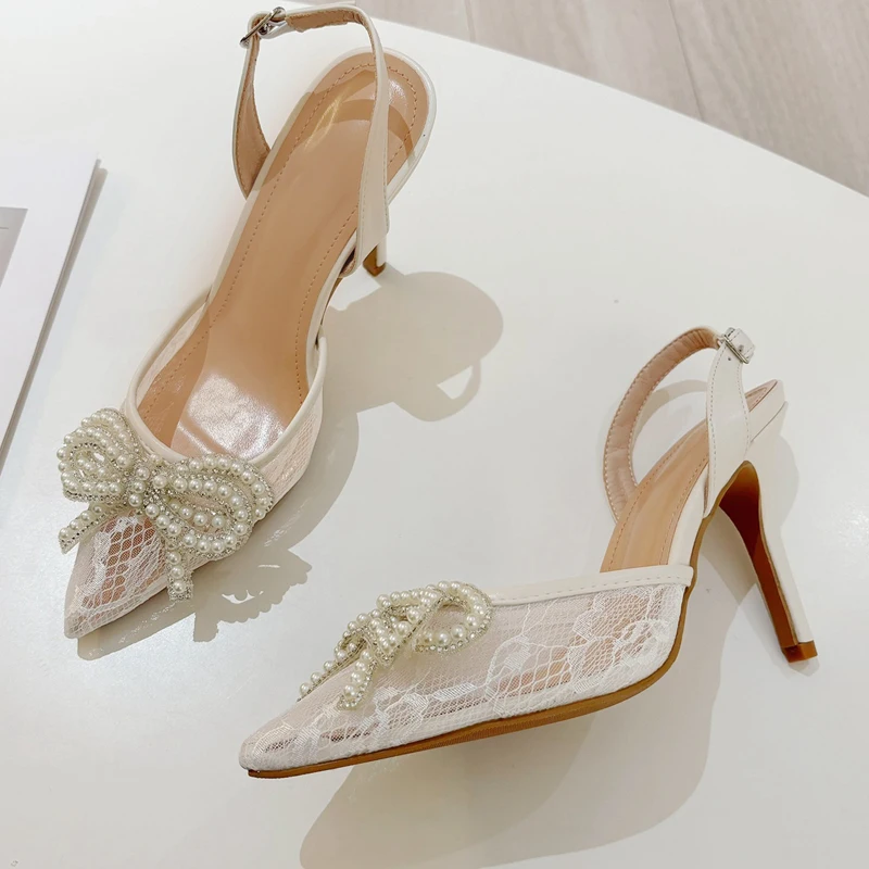

Summer Women Pumps Pearl Bow Pointed Toe Lace Stiletto Heeled Sandals Sexy Banquet Party Buckle Strap High Heels Ladies Shoes