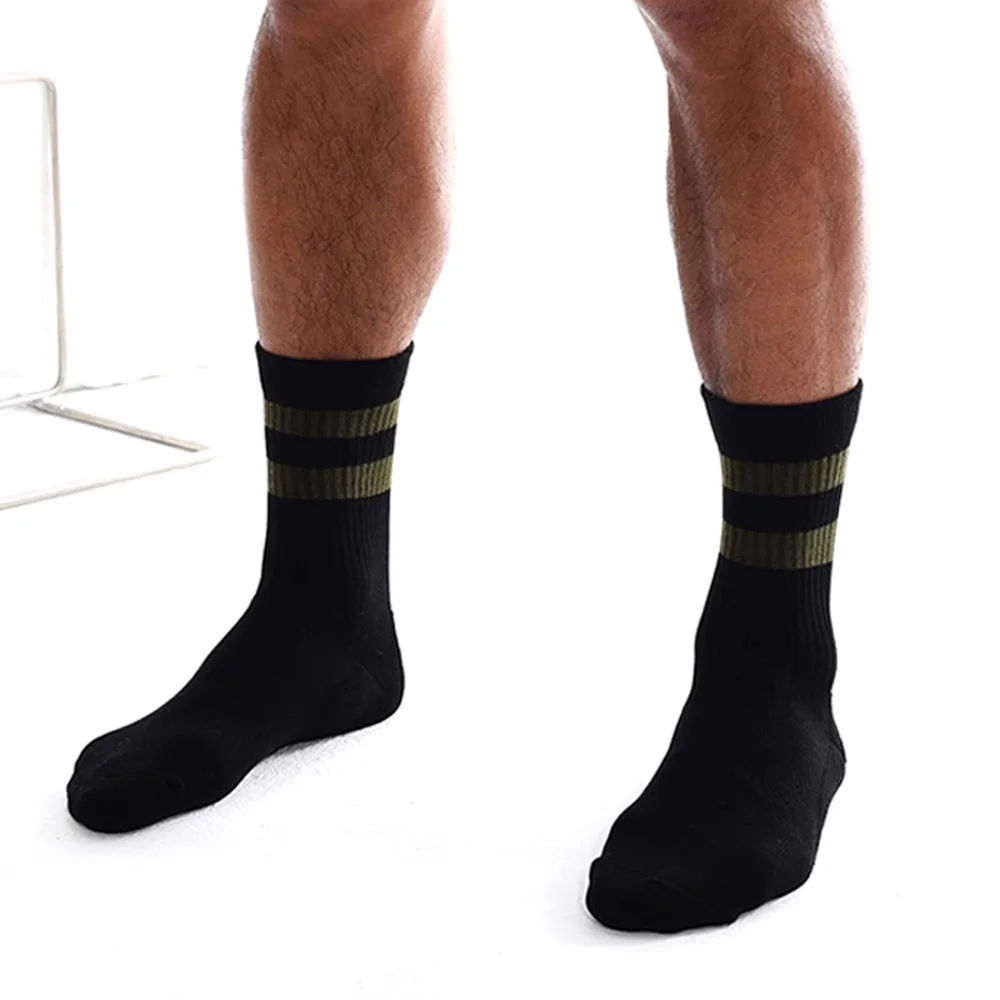 Men's Tall Black Army Green Stripes Two Bars Sports Socks Fitness Wicking Towel Bottom Cotton Socks