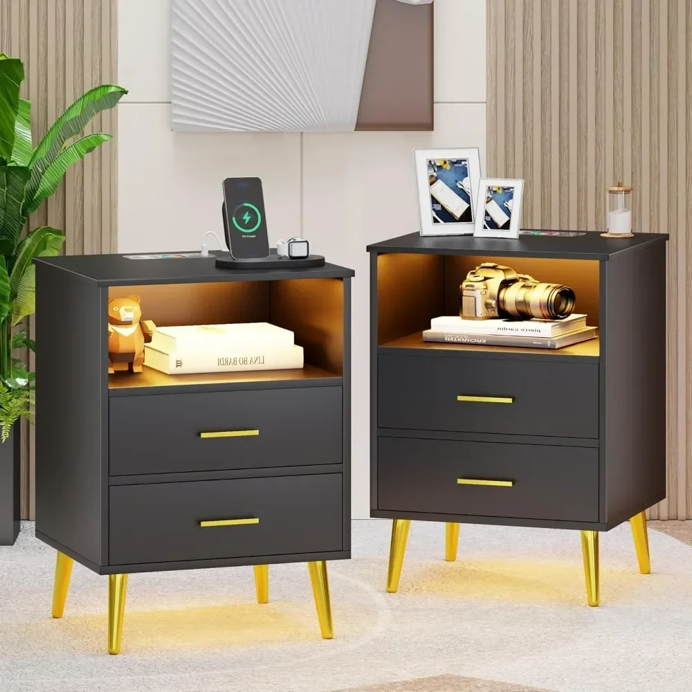 Night Stand set 2 with Charging Station, Smart Nightstand with LED Light, Table with 2 Drawers and Storage, Modern End Table