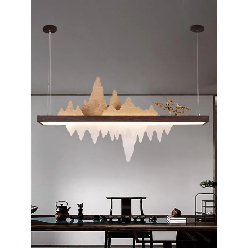 

New Chinese restaurant chandelier Chinese style tea room study Zen dining table bar designer landscape solid wood strip lamp