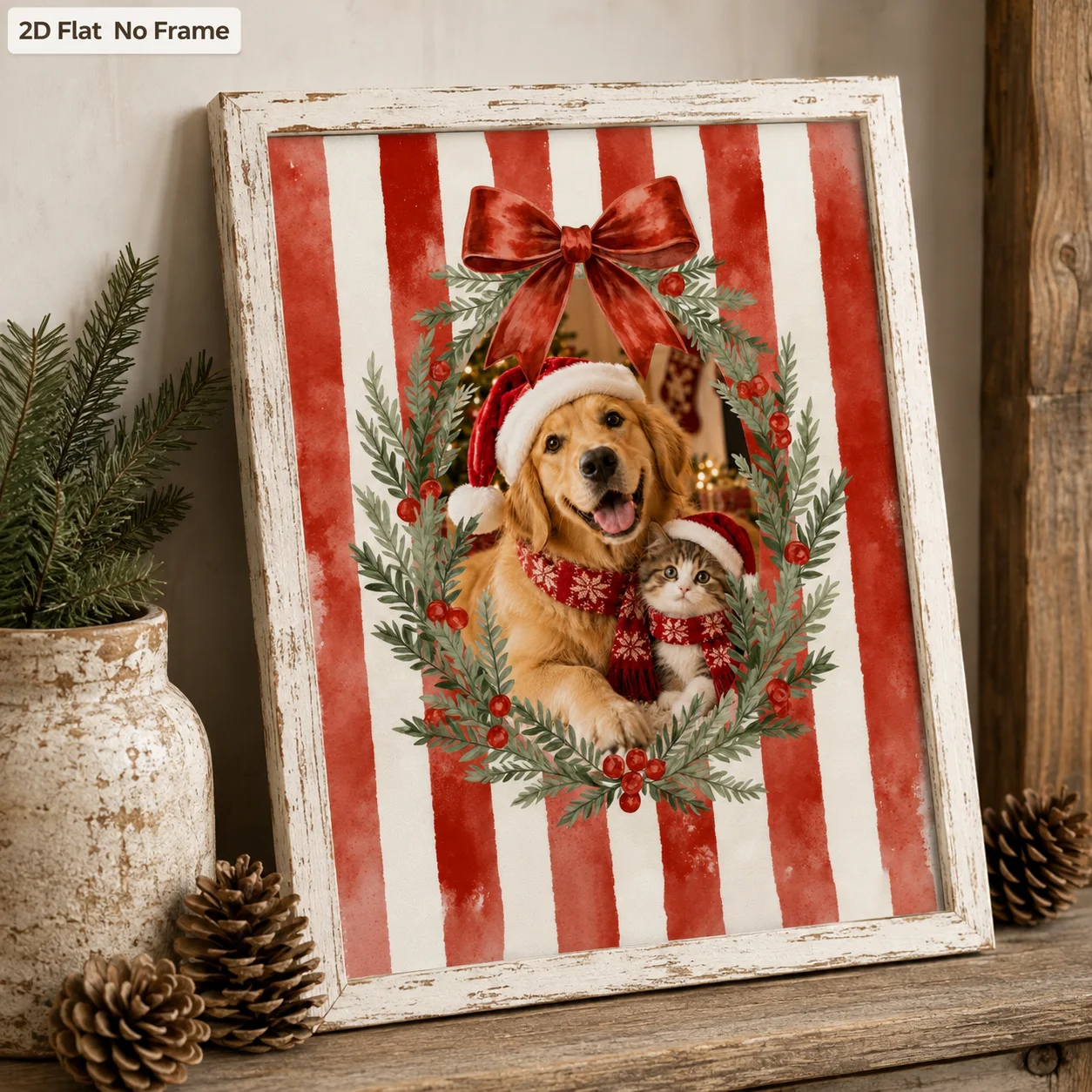Custom Family Pet Portrait Photos Custom Christmas Poster Christmas Wreath Canvas Printing Winter New Year Wall Art Holiday Gift
