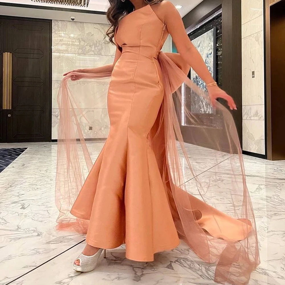 

Strapless Sleeveless Satin Mermaid Ankle Length Evening Dresses Woman Panel Train with Big Bow Backless Bespoke Occasion Gowns