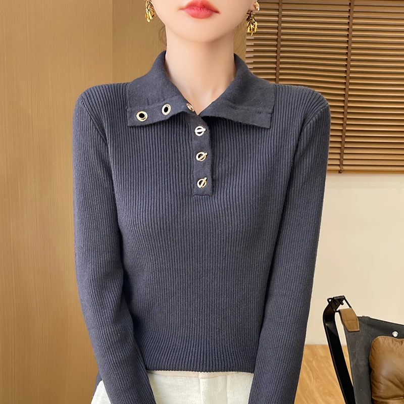 Autumn Winter Women Fine Wool Sweater Turltlneck Slim Half Open Button Pullover Knitwear Thickening Clothing Bottoming Tops