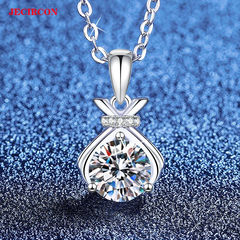 

JECIRCON S925 Sterling Silver 1CT Moissanite Necklace, Chinese-Style Fortune Bag Pendant Clavicle Chain, Lucky Jewelry for Women
