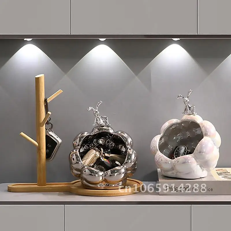 

Luxury Rabbit Key Storage Ornament Light Cloud Bunny Home Entrance Decor Gift - Hand-Painted Ceramic Doorway Lighti