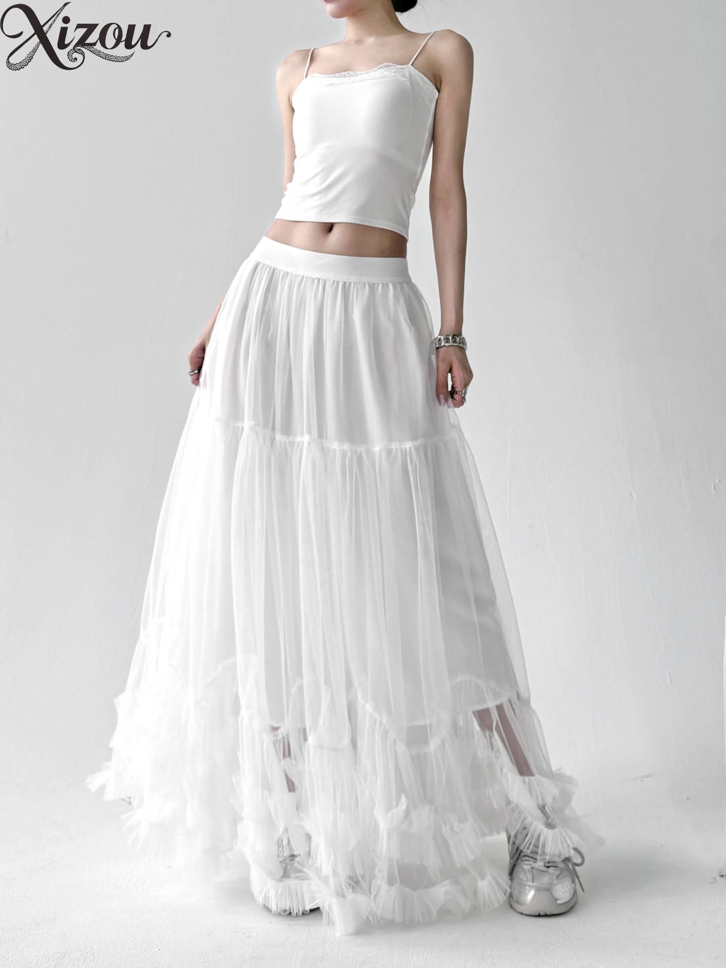 

2025 High Waist Mesh Tutu Skirt Summer Autumn A-Line Ball Gown Elegant Ruffle Korean Party Commute White Plus Size Lace Cake