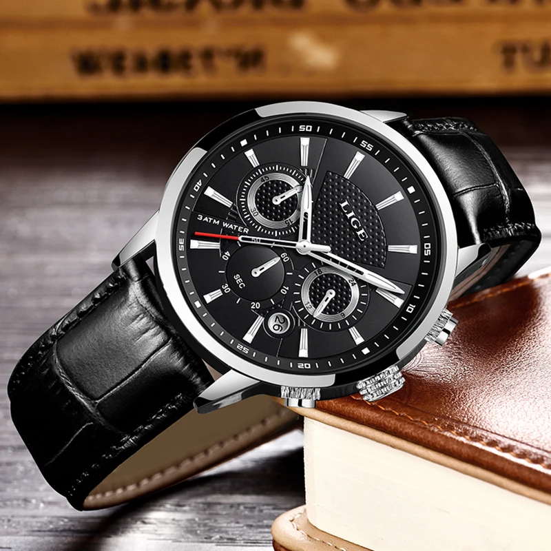 LIGE Brand Luxury Waterproof Watch For Men Fashion Business Men Watch Leather Military Sports Chronograph Quartz Wristwatches