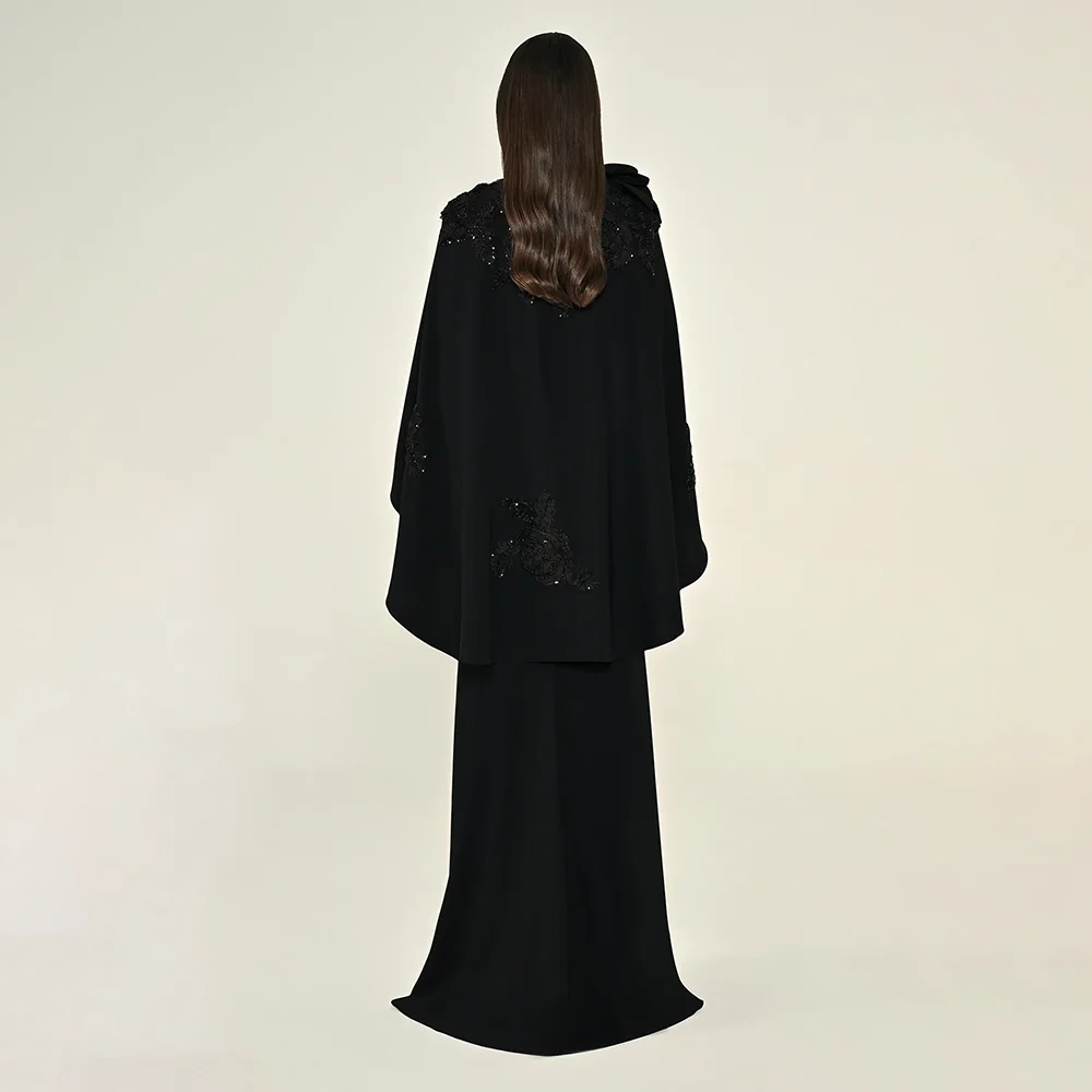 Vestido de noite preto para mulheres, gola alta, sereia, flor, jérsei, capa destacável, vestidos de festa longos personalizados