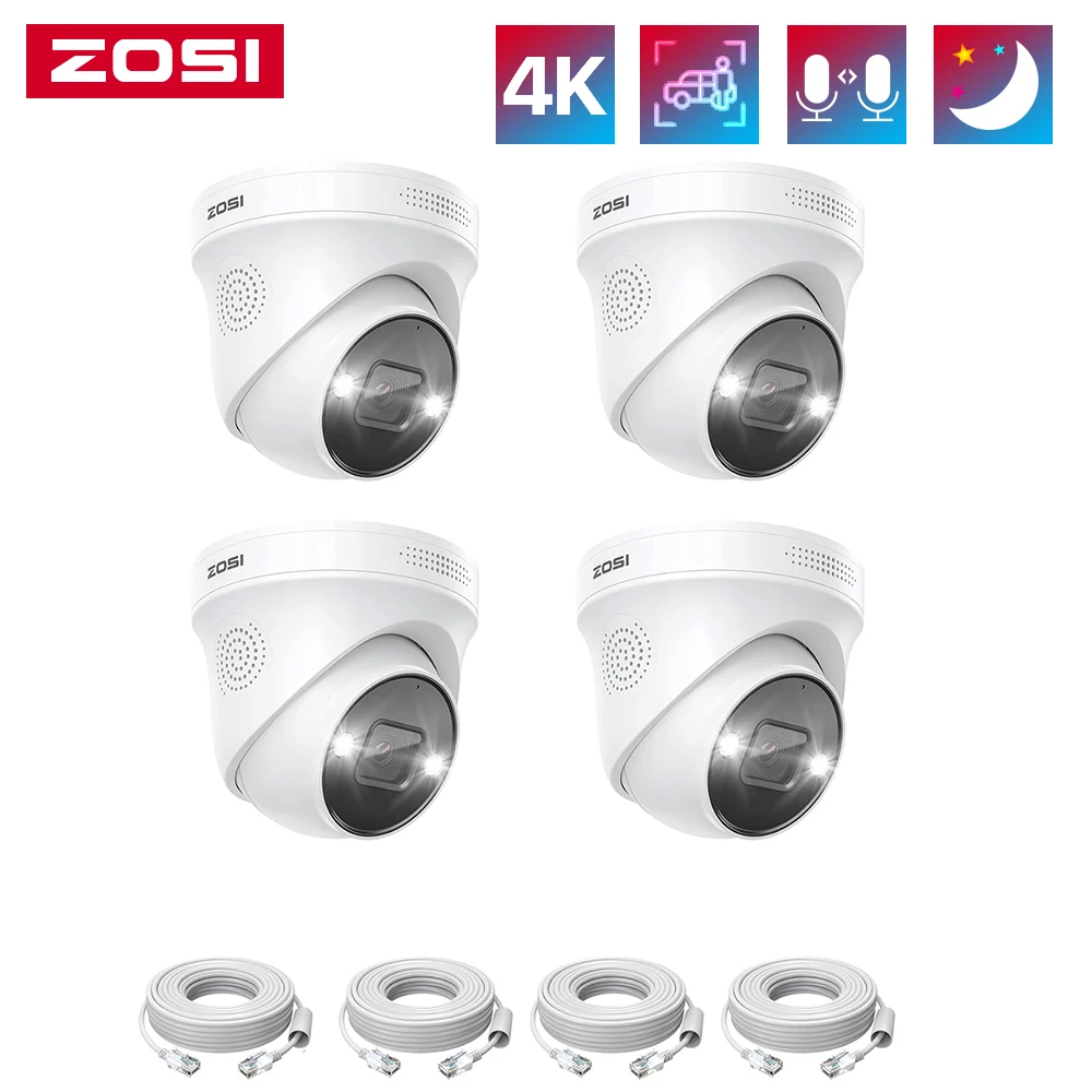 Zosi 4K Poe Security Cameras With Ethernet Cables 2-Way Audio Weatherproof Colo…