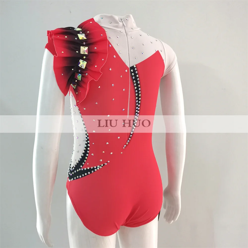 LIUHUO Rhythmic Gymnastics Leotard Aerobics Adult Women Girl Costume Performance Competition Dance Dress Latin Sleeveless Red