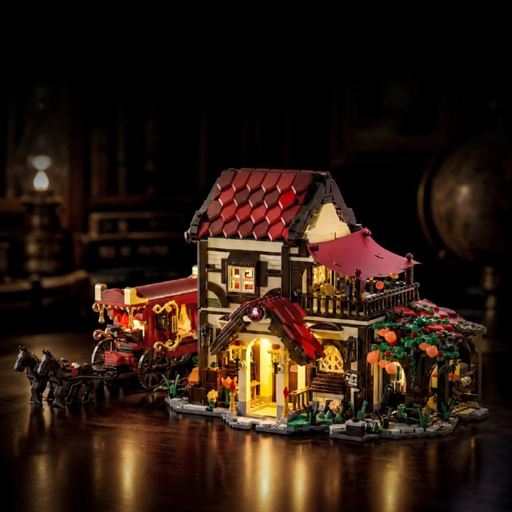 MOC Medieval Post Carriage Station Tree House Building Blocks Set Flower Shop Villa With Light Toys Adults Birthday Holiday Gift
