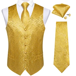 Luxo paisley ouro colete para o homem formal amarelo sólido masculino colete de seda gravata bolso quadrado casamento negócio chaleco hombre