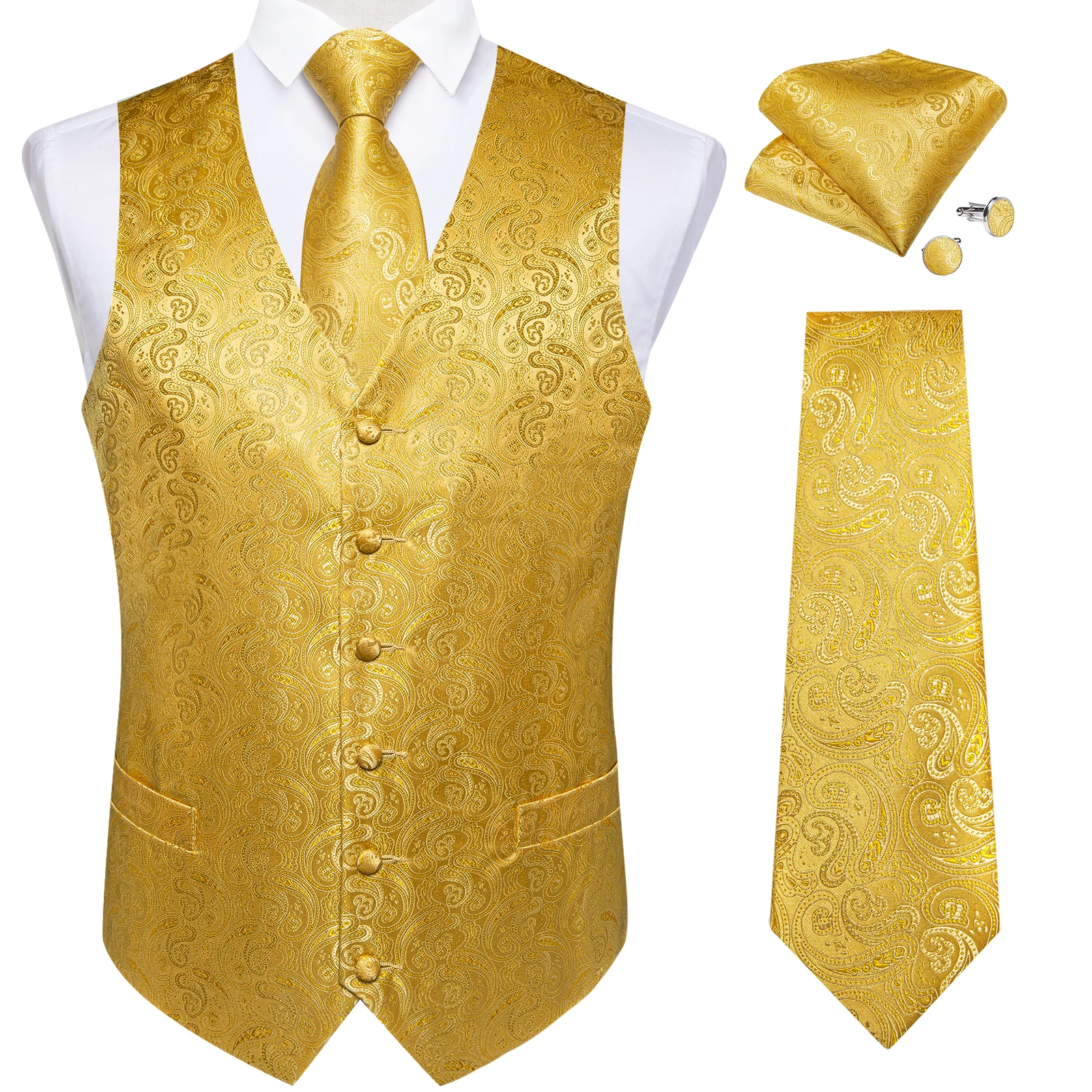 Luxury Paisley Gold Vest for Man Formal Yellow Solid Men's Waistcoat Silk Necktie Pocket Square Wedding Business Chaleco Hombre