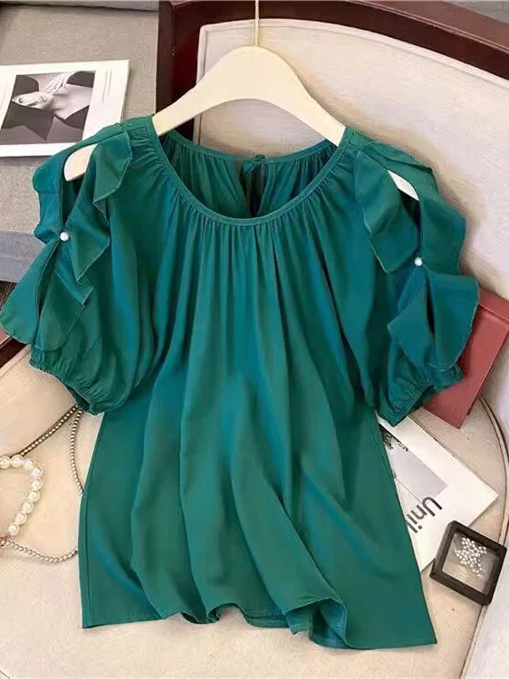 

Loose plus Size Women's Short Sleeve Chiffon Top Shoulder Bared Hemmed Design Summer Slimming Belly Covering Korean Style Shirt