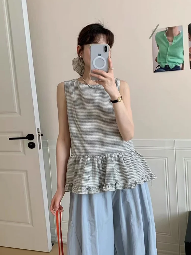 Gilet da donna vintage scozzese Bal con bottone singolo Estate New Sle Agel Svel irt Top Loose Fit Commute Sle