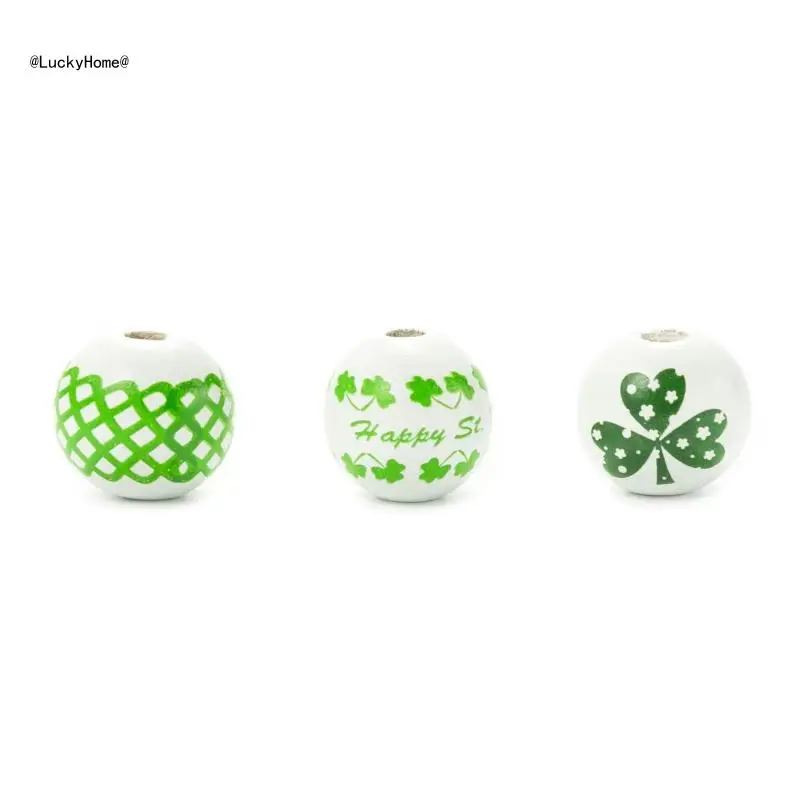 Patrick's Day Beads 10 Pcs Irish Clover Pattern Wooden Round Bead for DIY Home Festival Party Crafts Decor 11UA